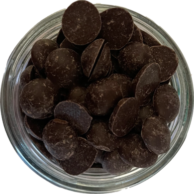 A full, open jar of Trade Aid Dark Chocolate Drops, shop zero waste nz